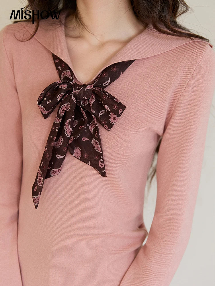 MISHOW Women's Pink V-neck Knitted Top 2026 Spring Polo Neck Detachable Paisley Scarf Thin Tops Casual Slim Sweater MXF108Z1032