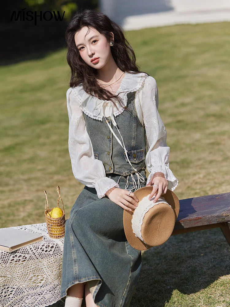 MISHOW Denim Vest Coat Midi Skirt Separately for Women Spring 2025 Korean Retro Washed Cotton Coat Slim A-line Skirt MXE13W0731