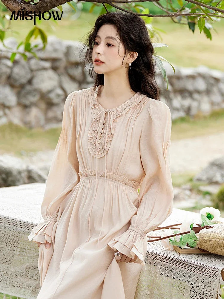 Mishow Pink Fungus Edge V-Neck Lace-Up Dress MXE11L2087