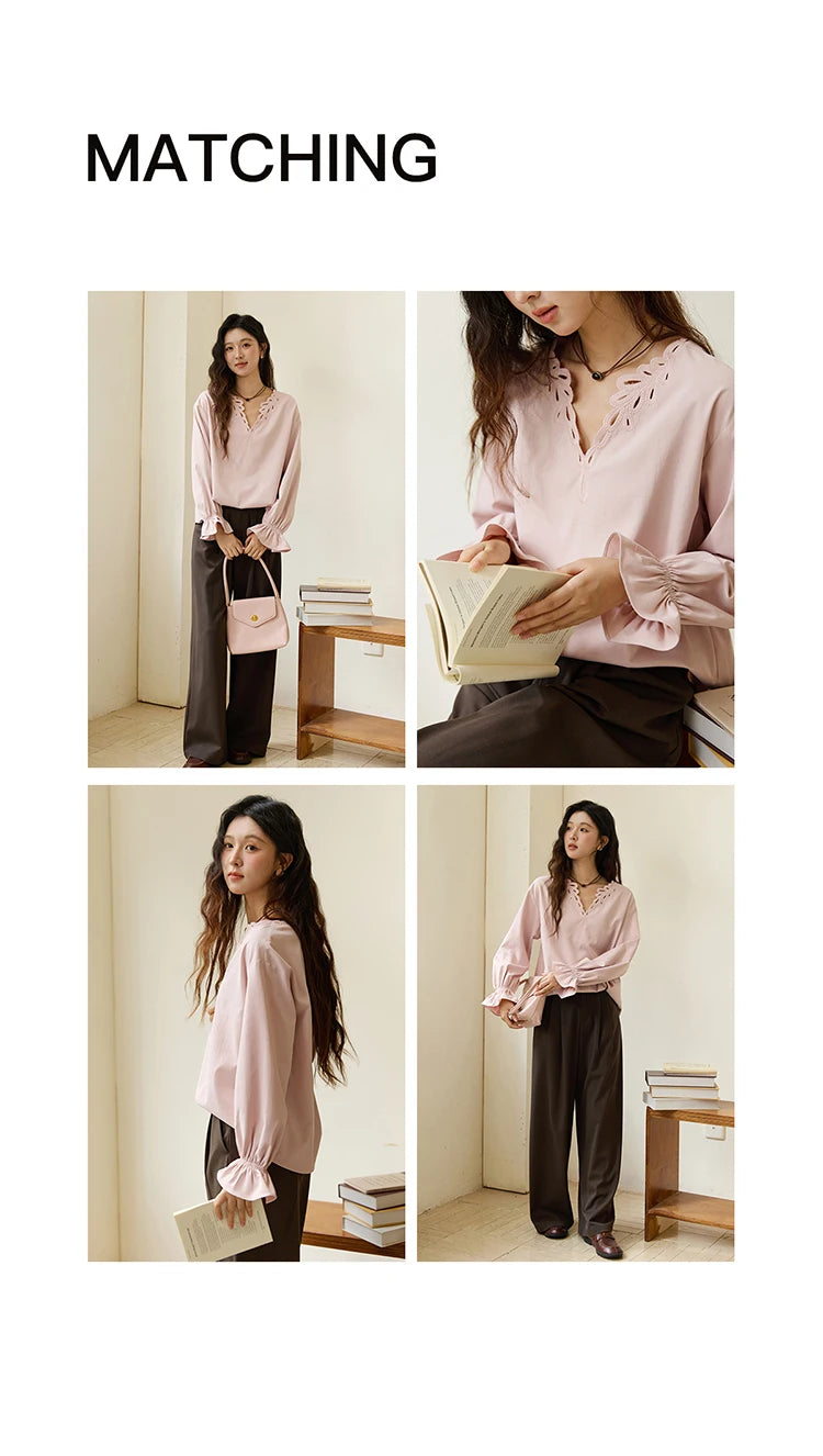 MISHOW Women's Elegant Blouse 2025 Autumn French Style Hollow Out V Neck Pink Blouse Loose Commute Long Sleeves Top MXE48X2502