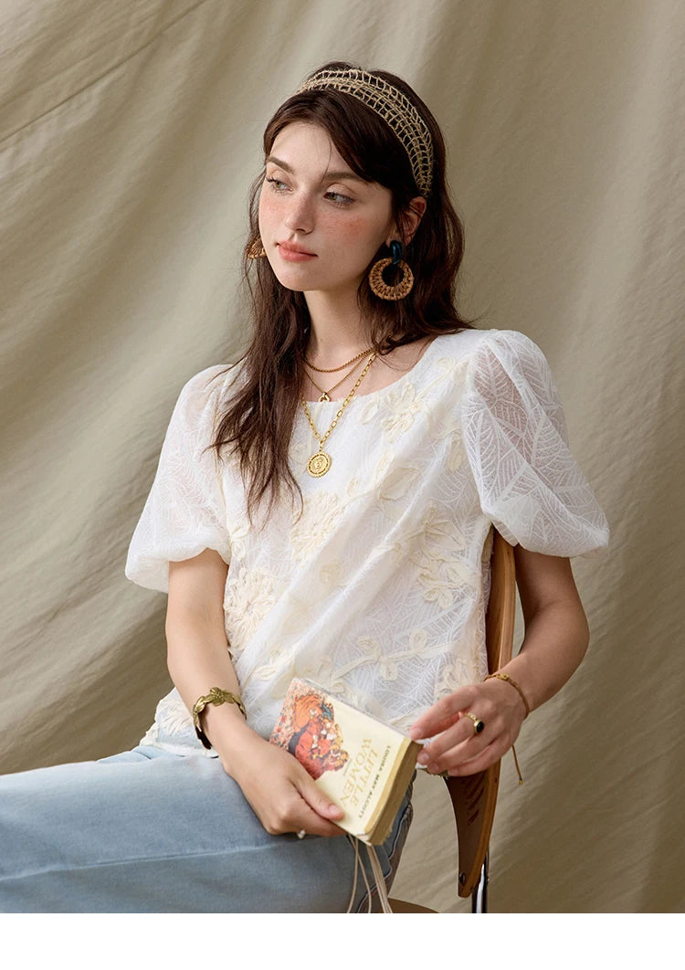 MISHOW French Summer Blouses Women New 2025 Short Puff Sleeve Round Neck Jacquard Flower Slim Shirts Woman Versatile MXE32X1772