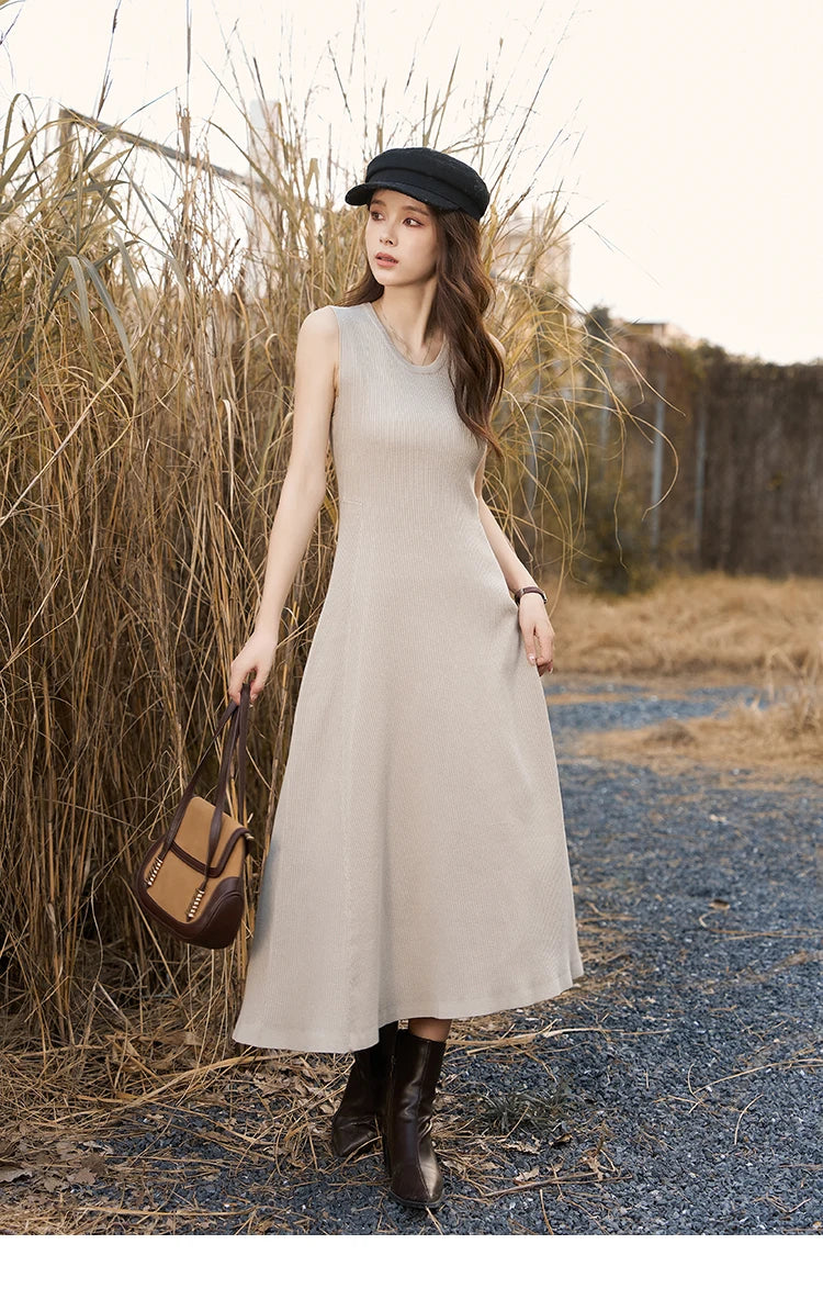 MISHOW Knitted Round Neck Sleeveless Dress for Women 2025 Autumn French Slim Fit Waist Solid A-LINE Pullover Dresses MXC43L1590