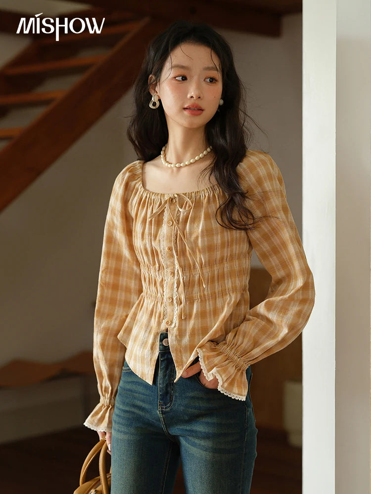 MISHOW Yellow Plaid Blouse for Women 2025 Autumn Korean Waist Square Neck Top Cuff Patchwork Lace Puff Sleeve Blouses MXE43X1986