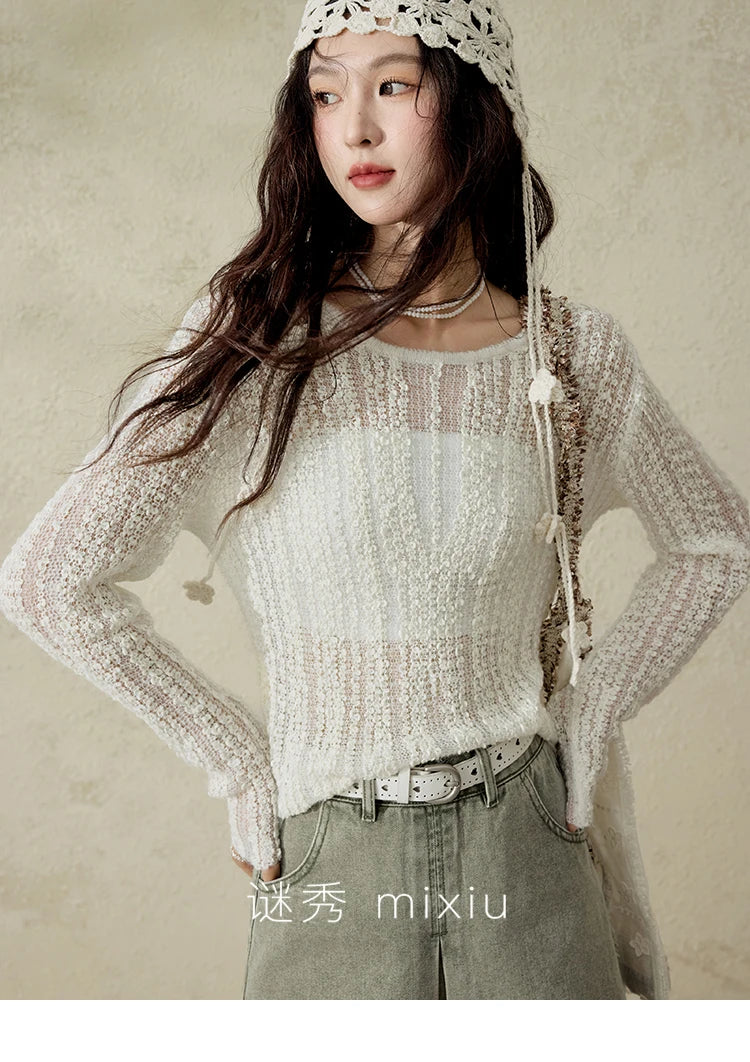 MISHOW Women 's Apricot White Hollow Knitted Sweater Spring 2025 Mohair Cover Drop Sleeve Top Strapless Slim Tube Top MXE12Z1120