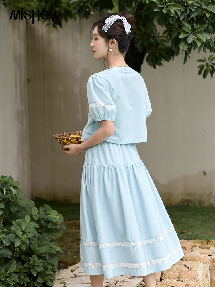 MISHOW Blue Pocket Patchwork Lace Shirt Elastic Waist Skirt Separately 2024 Summer Korean Round Neck Top Sweet Skirts MPD22B0450