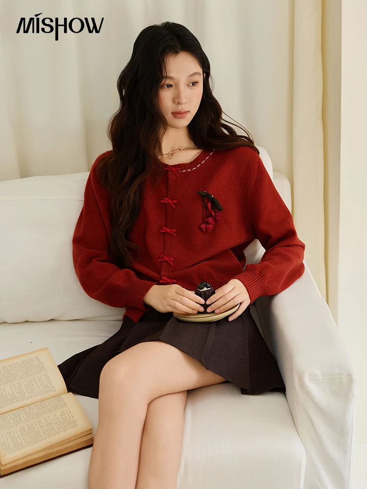 MISHOW Christmas Soft Knitted Cardigan Autumn Bow Placket Retro with Brooch Lantern Sleeve Sweaters O Neck Solid Top MXE45Z1377