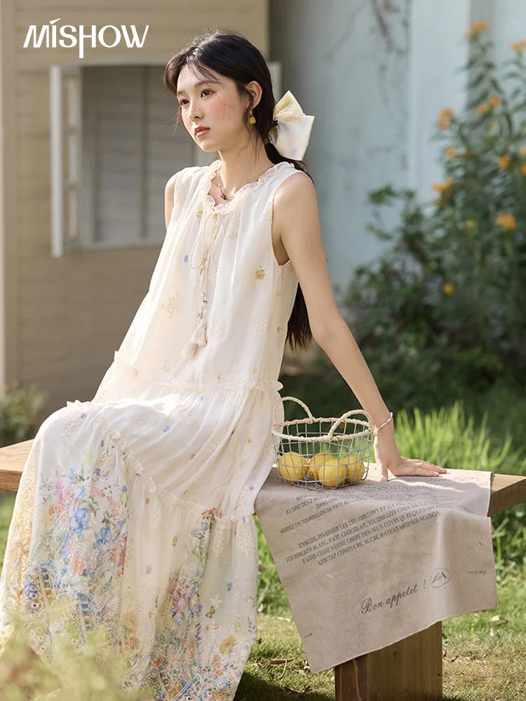 MISHOW Women's Fashion Sleeveless Print Dress 2025 Summer New Mushroom Edge O-Neck Lace Up Tassels Loose Midi Dresses MXE36L2253