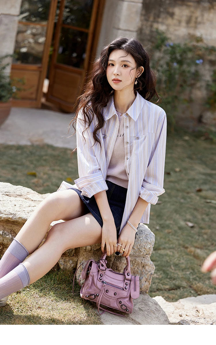 MISHOW Purple Striped Loose Shoulder Shirt for Women 2025 Casual Turn-down Collar Top Single Breasted Commuting Shirt MXE13C0407