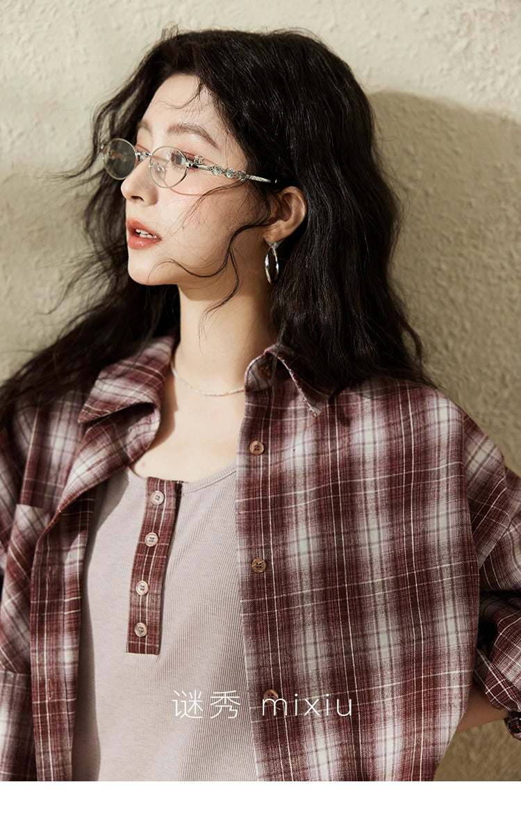 MISHOW Women's Plaid Shirt Grey Vest Dress Separately Spring Lapel Collar Shirt U-neck Sleeveless Dresses (Not A Set) MXE13L2093