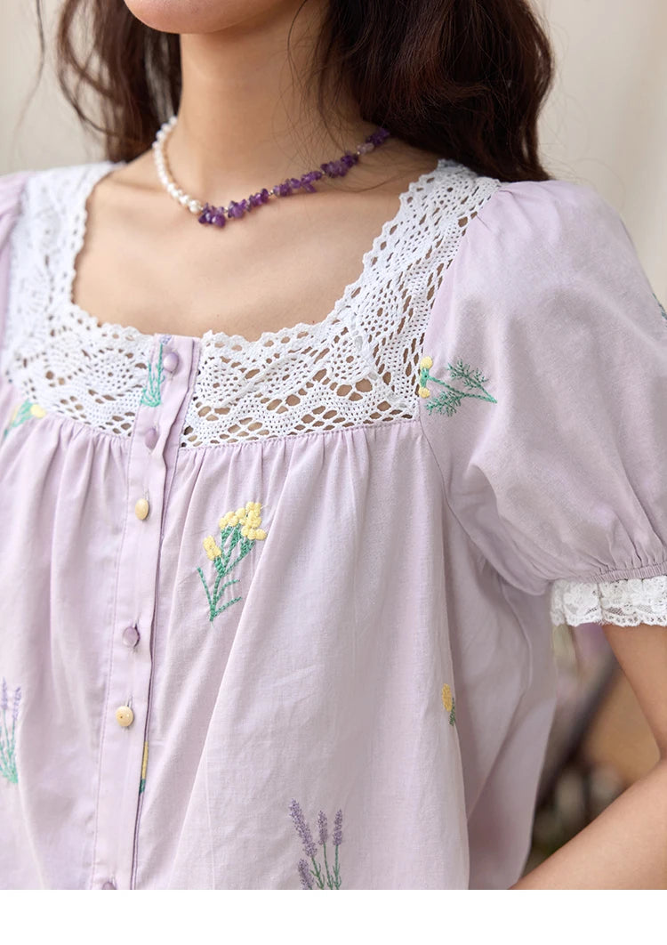 MISHOW Women's Lace Patchwork Embroidered Blouses 2025 Summer Korean Elegant Square Collar Blouse Short Sleeved Tops MXE36X1830