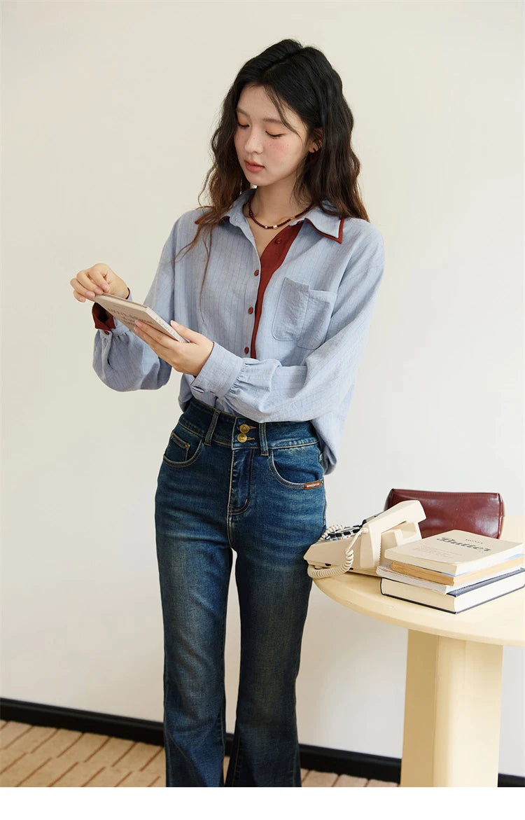 MISHOW Striped Shirt for Women Autumn 2025 Blue Red Splicing Contrasting Color Shirts Laple Loose Retro Commute Top MXE46C2405