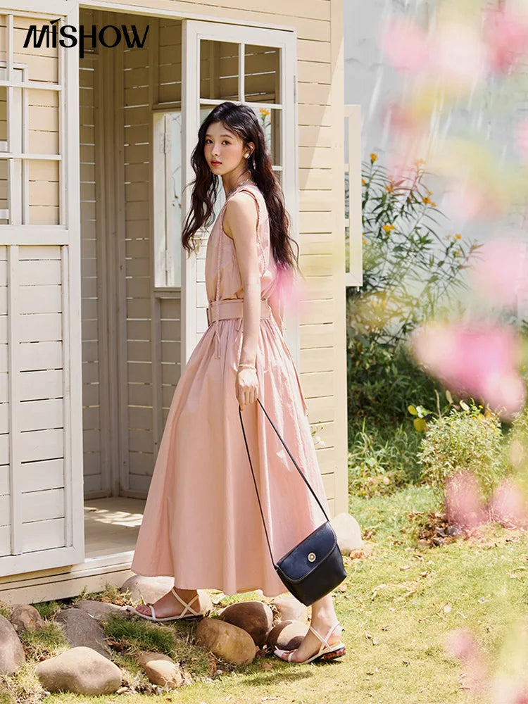 MISHOW Women's Vest Dress 2025 Summer Hand Woven Fried Dough Twists Waist Belt Slim Long Dress A-line Vacation Dress MXE34L2223