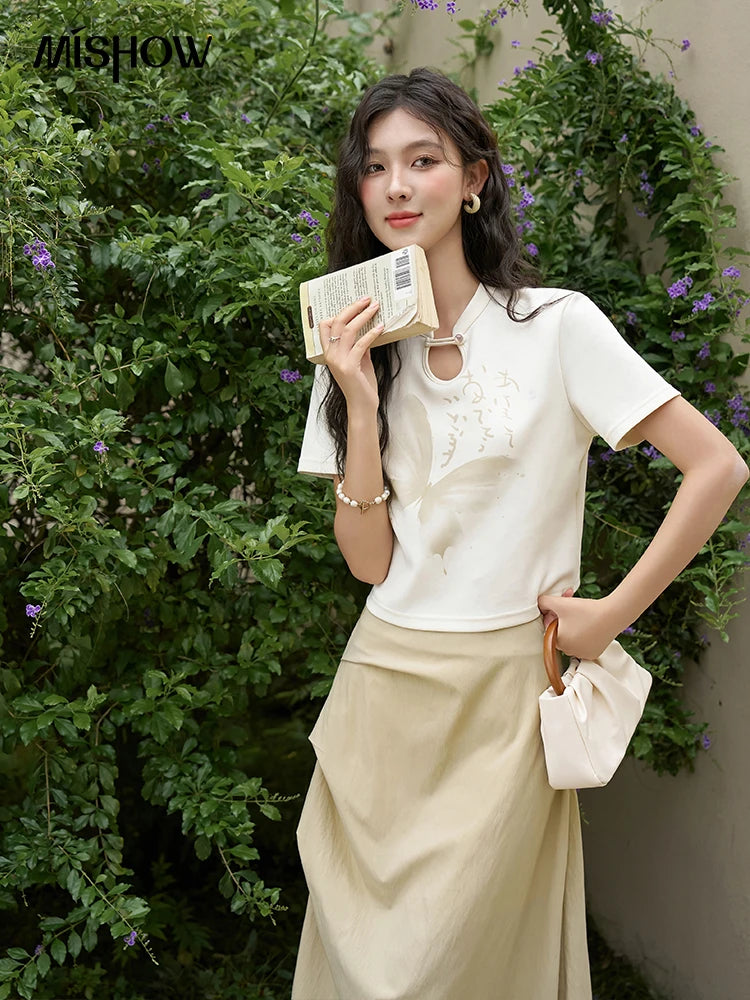 MISHOW Chinese Stand Collar Top Pleated Skirt Separately 2024 Summer Short Ink Painting Printed T-shirt A-line Skirt MXD27T0272