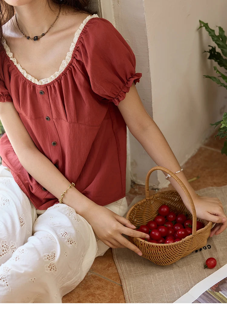 MISHOW French Summer Shirts for Women 2025 Short Puff Sleeve Lace Colla Slimming Blouses Female Sweet Fashion New MXE35X1827