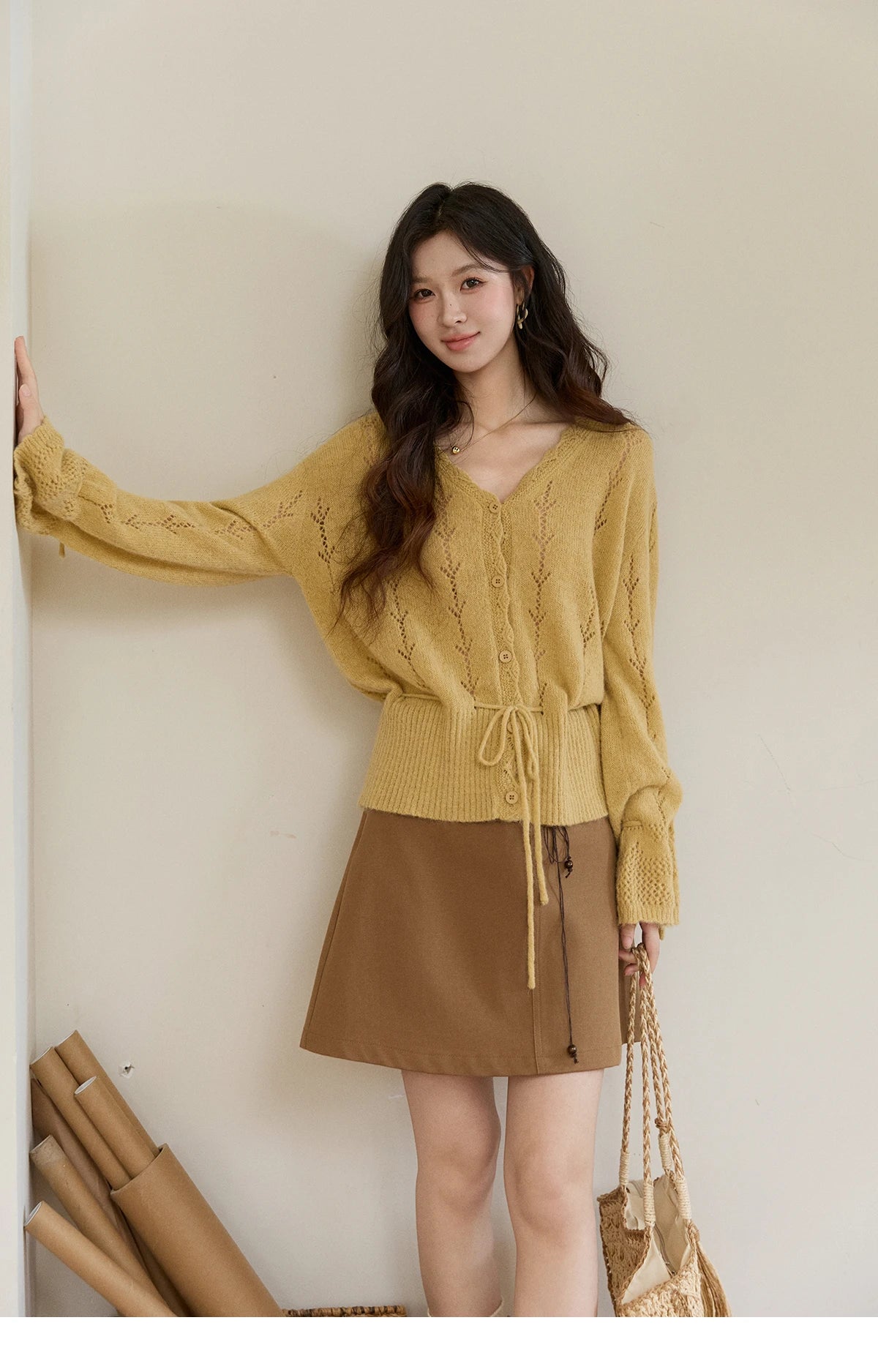 MISHOW Women's Yellow Knitted Cardigan 2026 Spring Hollow Out V-Neck Drawstring Waist Long Sleeve Casual Loose Tops MXF108Z1022