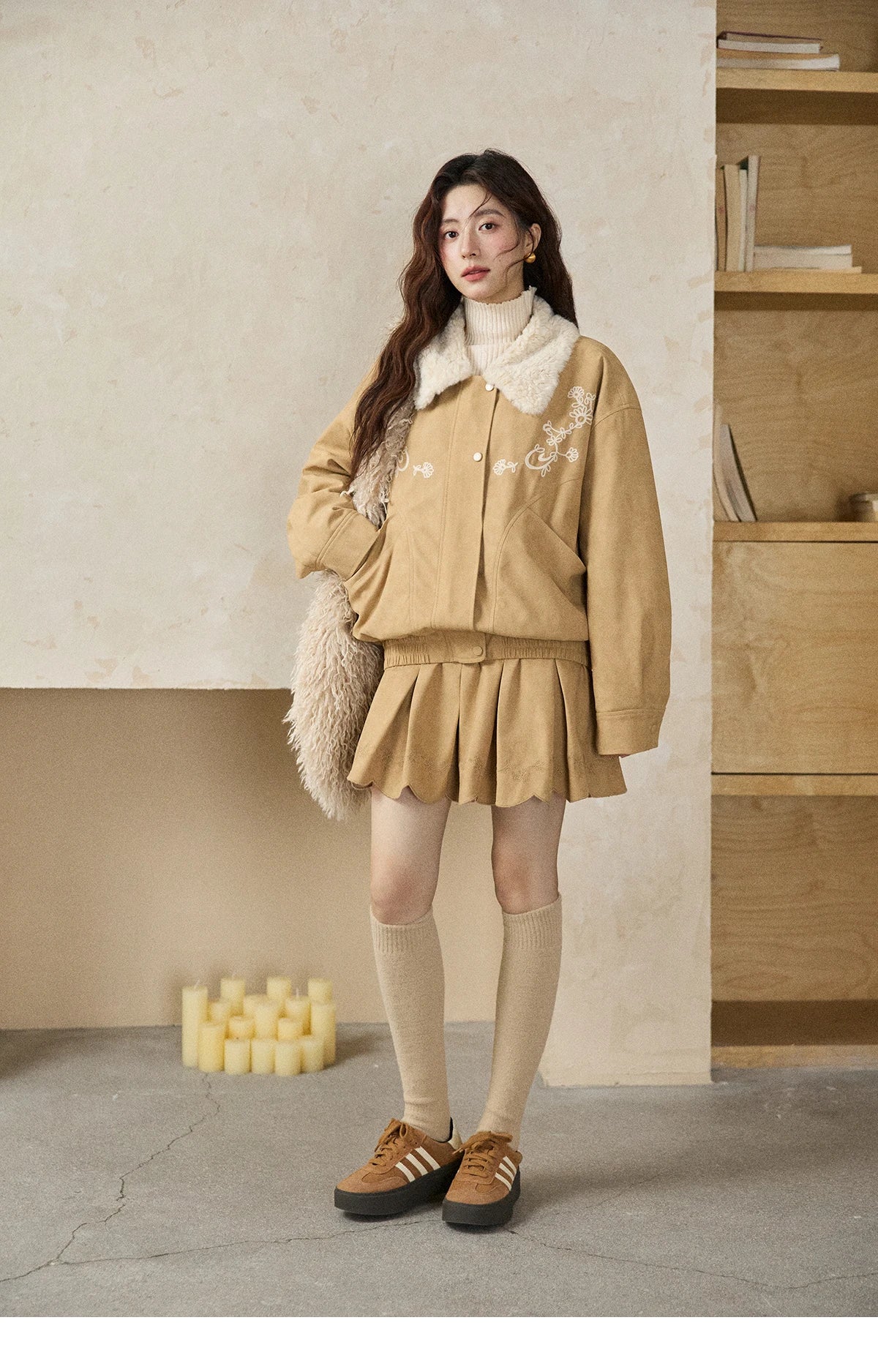 MISHOW Women's Floral Embroidered Jacket 2025 Winter French Style Yellow Plush Lapel Zip-up Coat Loose Warm Jacket MXE87W0932