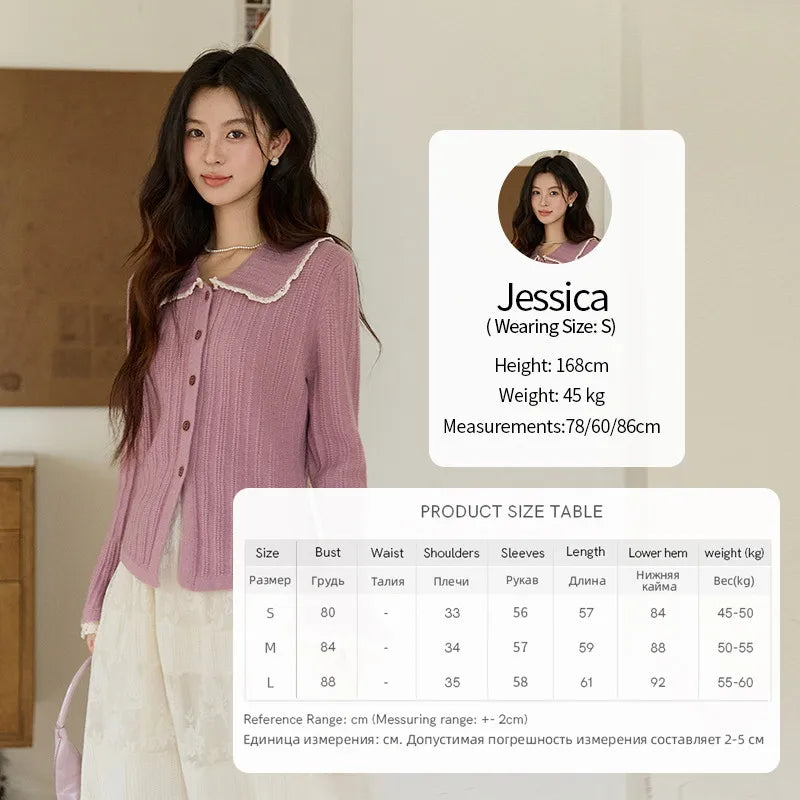 MISHOW Women's Lilac Flare Sleeve Knitted Cardigan 2026 Spring Peter Pan Collar Lace Trim Long Sleeve Slim Casual Top MXF11Z2994