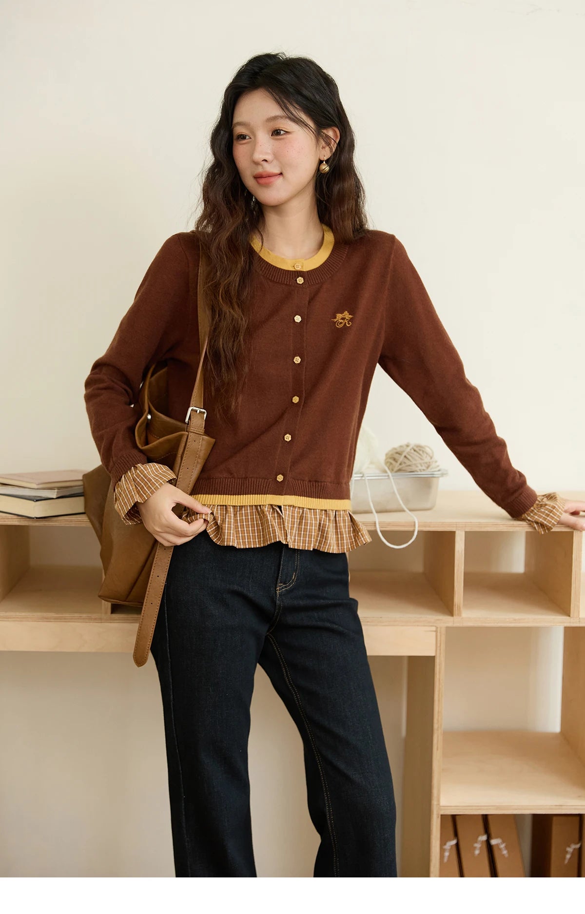 MISHOW Fake Two Knitted Sweaters Autumn Retro Color Contrasting Bow Embroidered Sweater Hemp Cuff Splicing Plaid Top MXE46Z2495