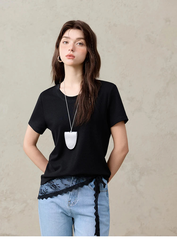 MISHOW Casual Summer T-shirts Women Short Sleeve Round Neck Solid Straight Shoulder Shirt Female Fashion Slimming New MXE31T0532