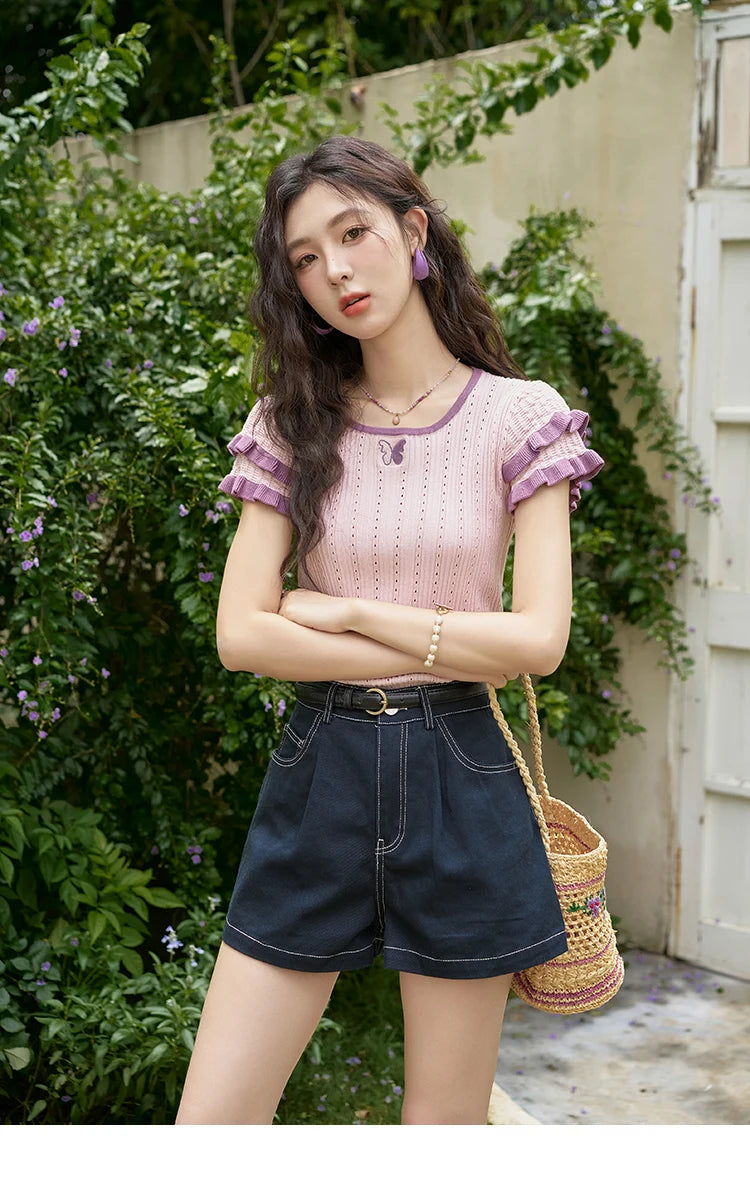 MISHOW 100 Cotton Pocket Embroidered Flower Denim Shorts for Women 2024 Summer Dark Blue Loose Casual Wide Leg Pants MXD26K0707