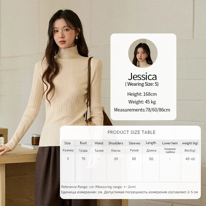 MISHOW Women's Long-sleeved Tops 2025 Winter Simple Solid Turtleneck Sweater Vertical Ribbed Slim Fit Casual Top MXE86Z2656