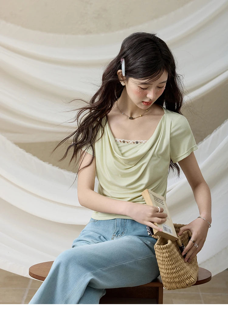 MISHOW Casual Summer Shirts Women 2025 Fashion Short Sleeve Swing Collar Solid T-shirt Female Slim Shell Ribbon Tops MXE33T0524