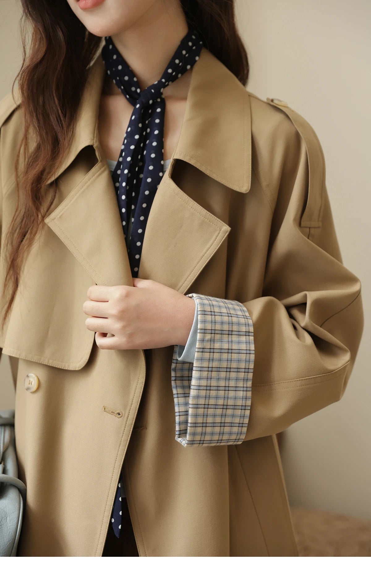 MISHOW Khaki Retro Plaid Flip Sleeve Trench Coat Autumn 2025 Double Breasted Belt Medium Length Trench Office Lady MXE44W0814