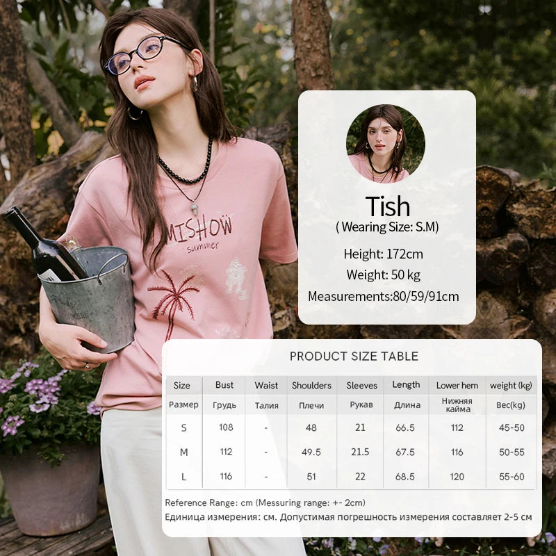 MISHOW Casual Print T-shirts Women 2025 Summer New Short Sleeve Round Neck Coconut Tree Pattern Shirt Woman Holiday MXE31T0516