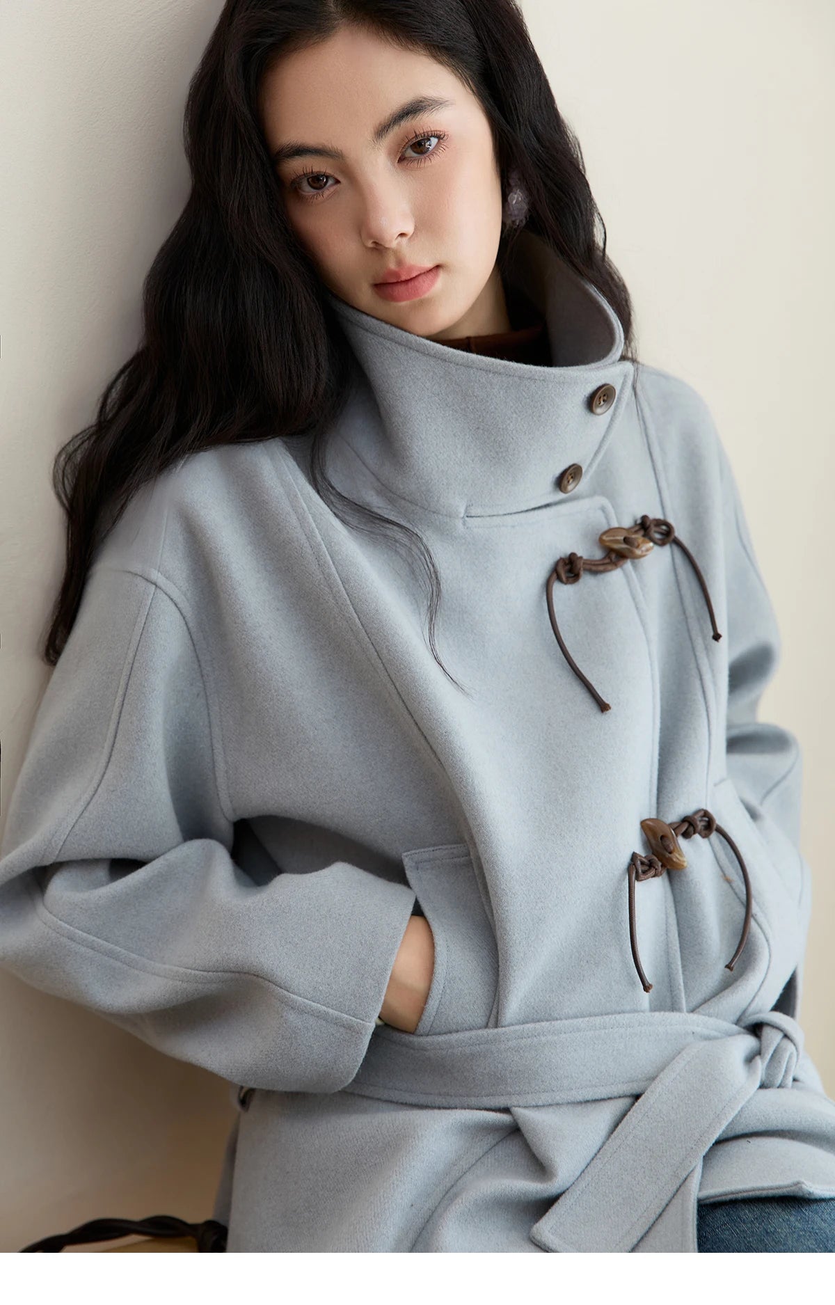 MISHOW Blue Woolen Coat Women 2025 Winter New Double-breasted Lace Up Coat Mid-length Windbreaker Women's Clothing MXE51W0872