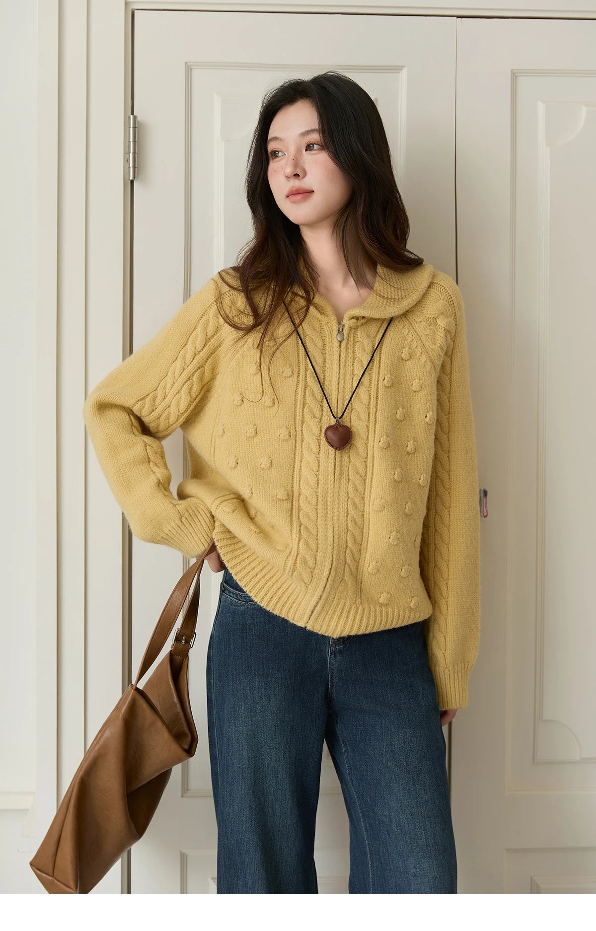 MISHOW Zipper Knit Cardigan Women 2025 Winter Yellow Turn-down Collar Loose Thick Sweater Luxury Comfort Casual Top MXE49Z2619