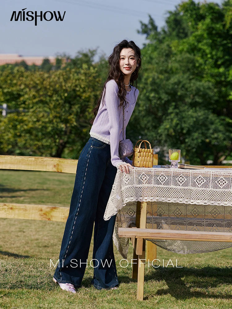 MISHOW Macaron Knitted Tops 2025 Spring Hollow Hook Flower Lace Splicing Tops Bow Embroidery O-neck Long Sleeve Tees MXE16Z1211