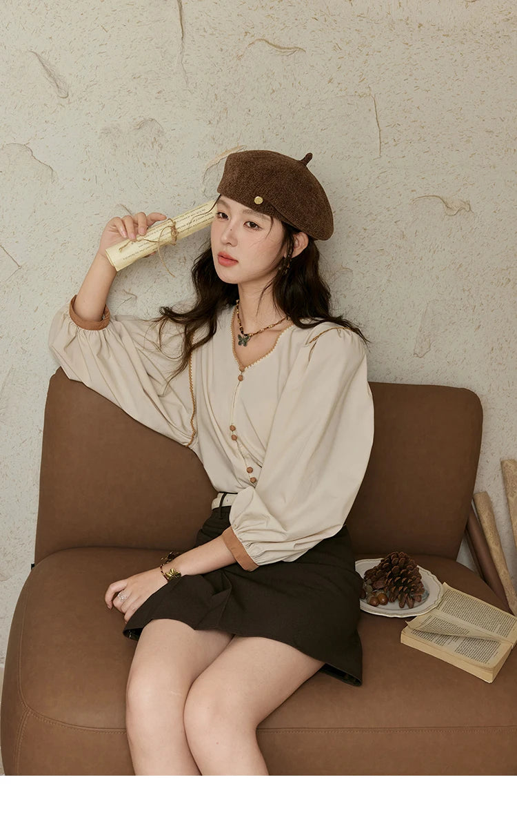 MISHOW French Retro Contrasting V-neck Shirt 2024 Autumn Solid Lantern Sleeve Top Single Row Two Buttons Casual Shirt MXD26X1597