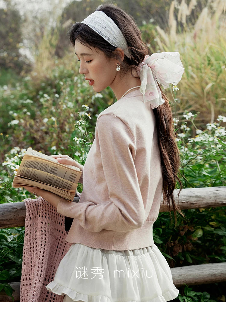 MISHOW Iris Embroidery Round Neck Cardigan for Women Spring 2025 Loose Knitted Thin Bow Design(Not Include Lace Vest) MXE13Z1142