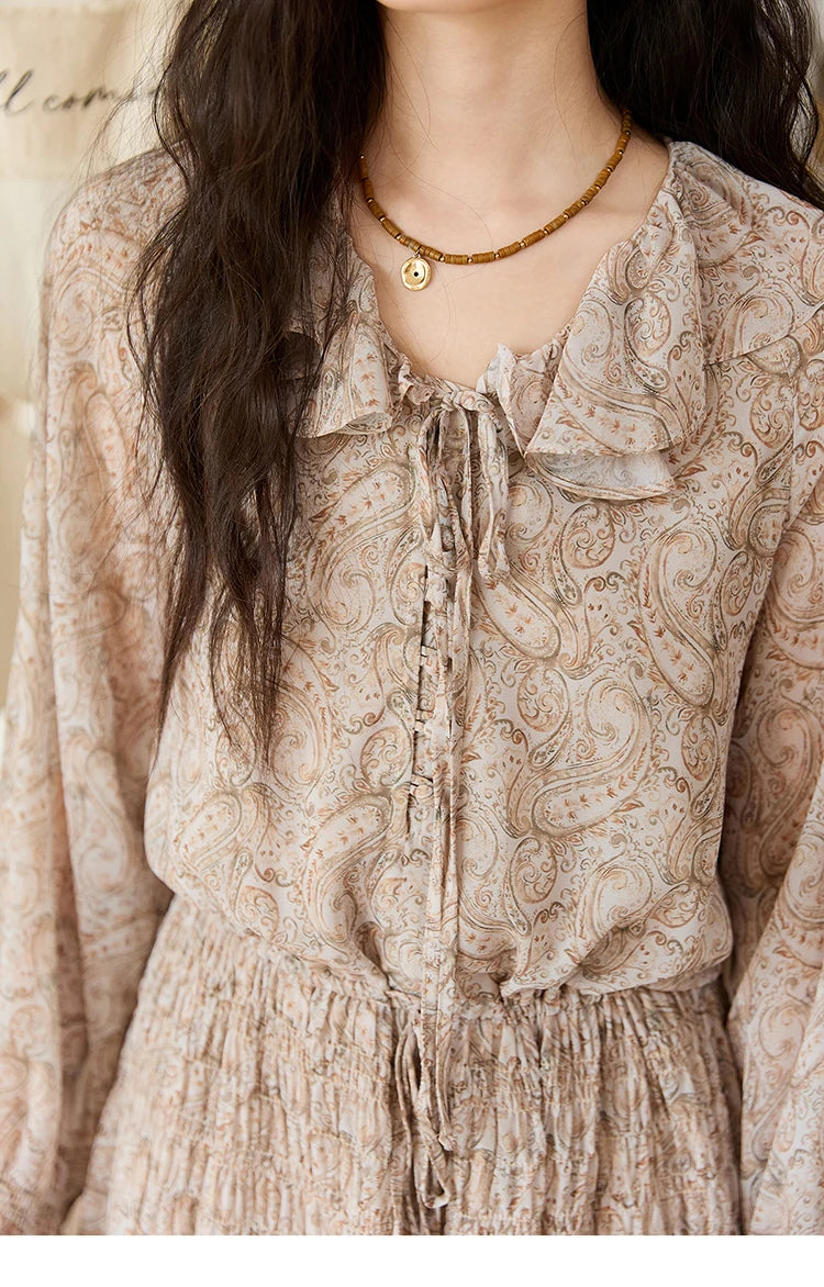 MISHOW Cashew Flower Dress for Woman 2025 Autumn Romantic Style Printed Dress Long Sleeve Ruffled Tie Waist Dress MXE46L2520