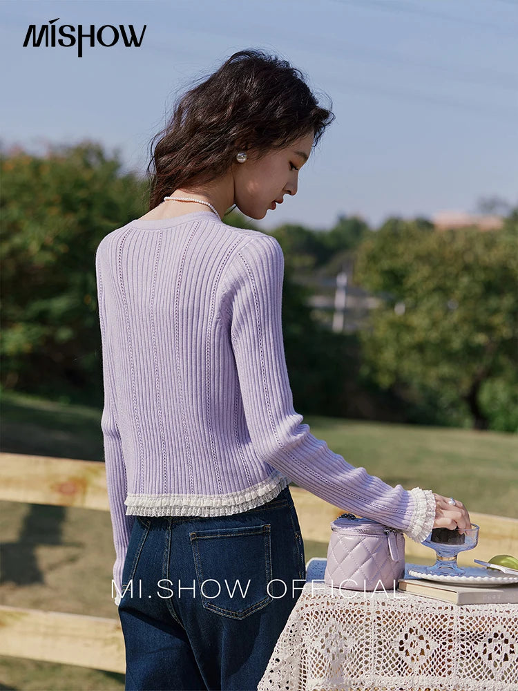 MISHOW Macaron Knitted Tops 2025 Spring Hollow Hook Flower Lace Splicing Tops Bow Embroidery O-neck Long Sleeve Tees MXE16Z1211