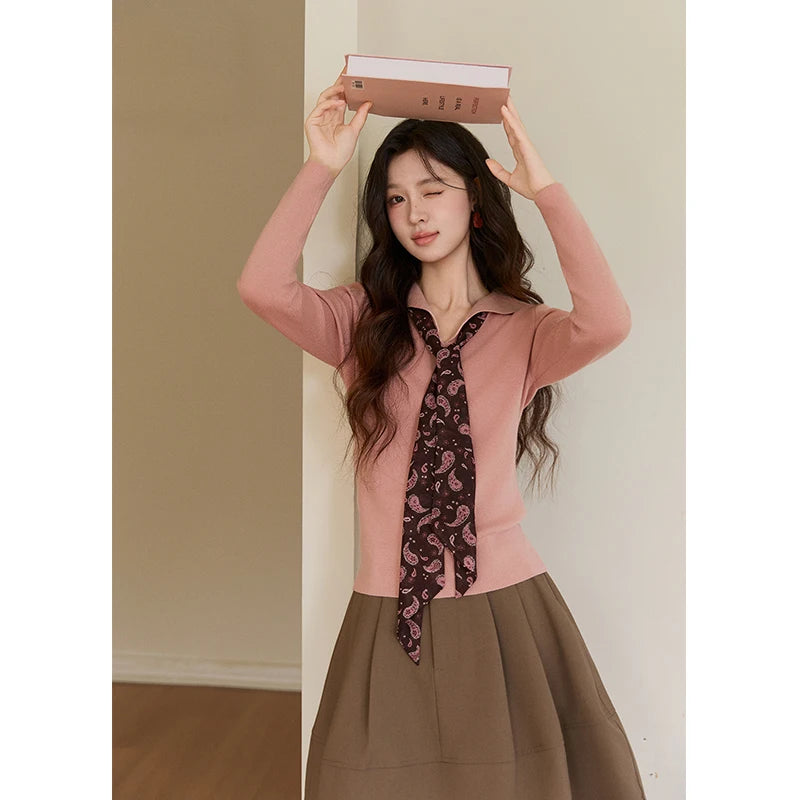 MISHOW Women's Pink V-neck Knitted Top 2026 Spring Polo Neck Detachable Paisley Scarf Thin Tops Casual Slim Sweater MXF108Z1032