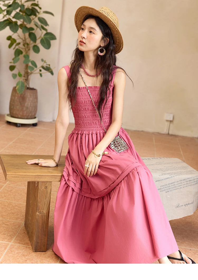 MISHOW Sling Square Collar Dress for Women 2025 Summer High Waist Pocket Fashion A-line Long Dress Ladies Clothing MXE36L2319