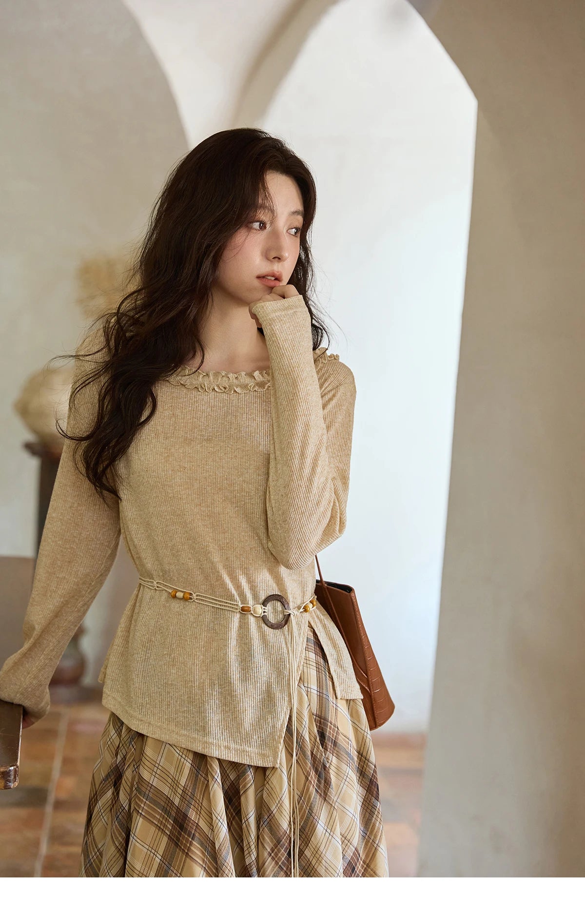 Mishow Apricot Ramie Knit Bohemian Belt Top MXE42Z1324