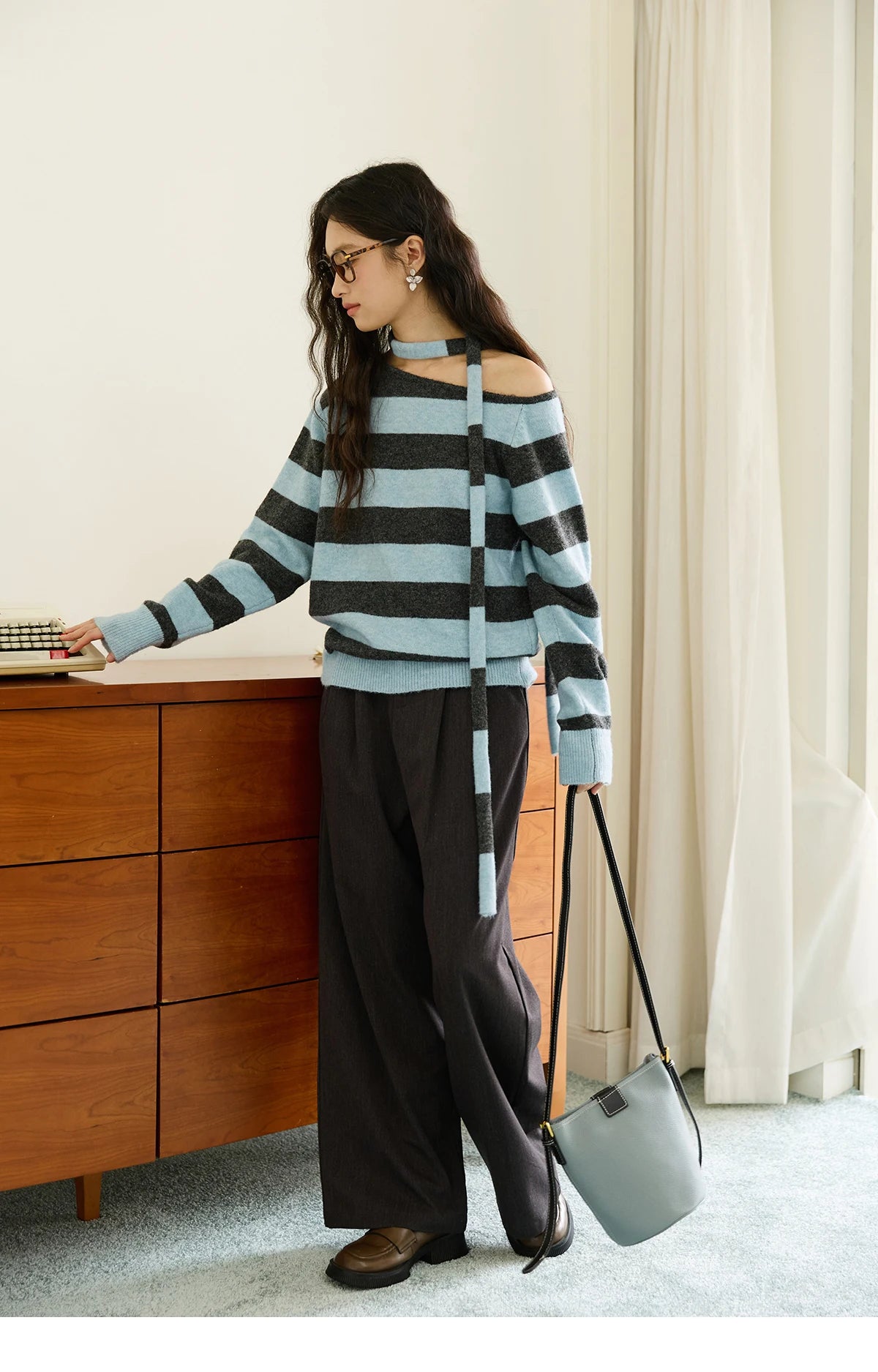 MISHOW Blue Gray Stripe Knitted Top 2025 Autumn Slanted Shoulder Collar Sweaters with Ribbon Loose Wool Blend Sweater MXE46Z2540