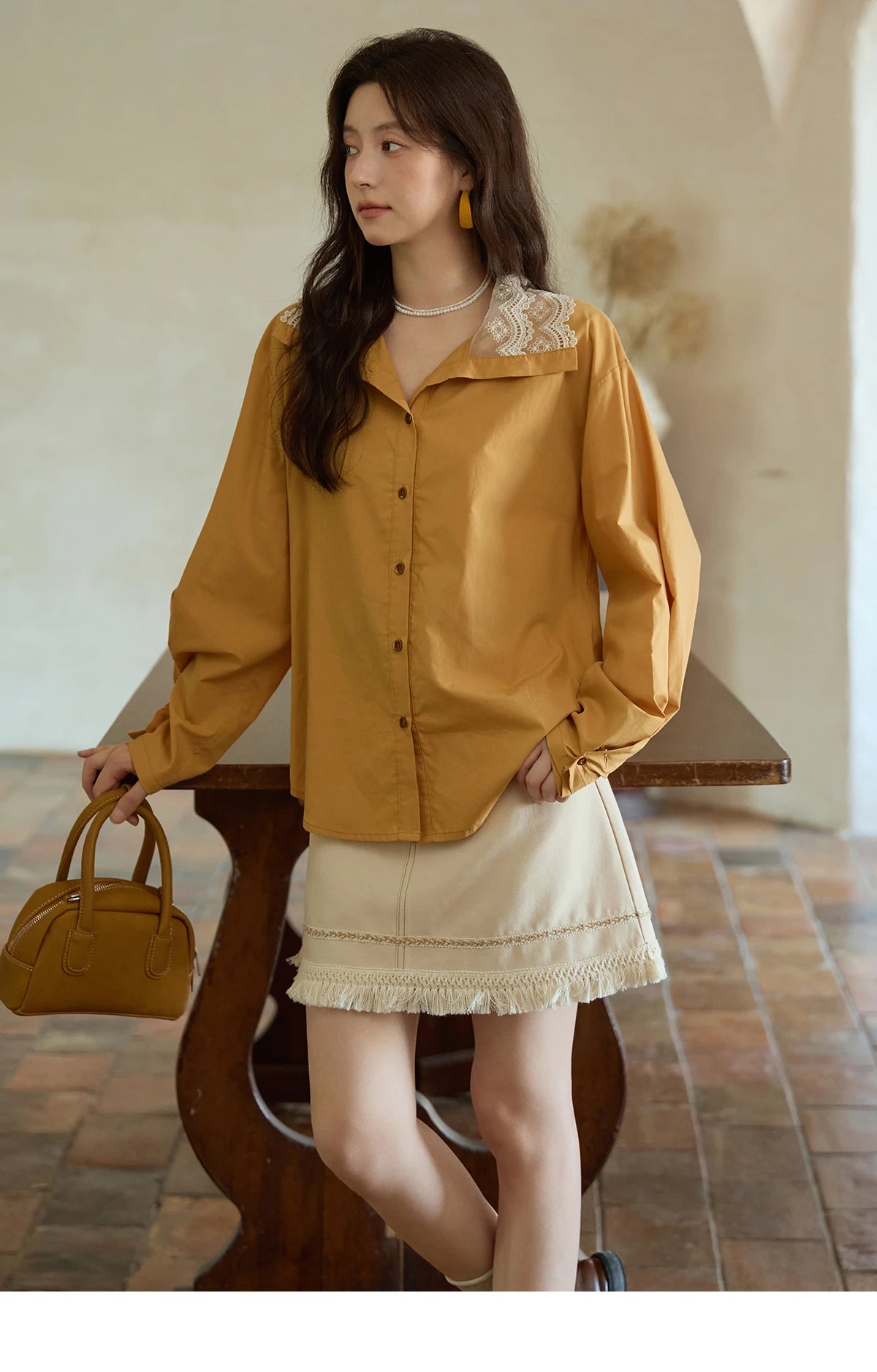 MISHOW Autumn Solid Cotton Shirt Autumn V-neck Double-layer Lace Retro Design Shirts Single Breasted Tops Office Lady MXE41C2366