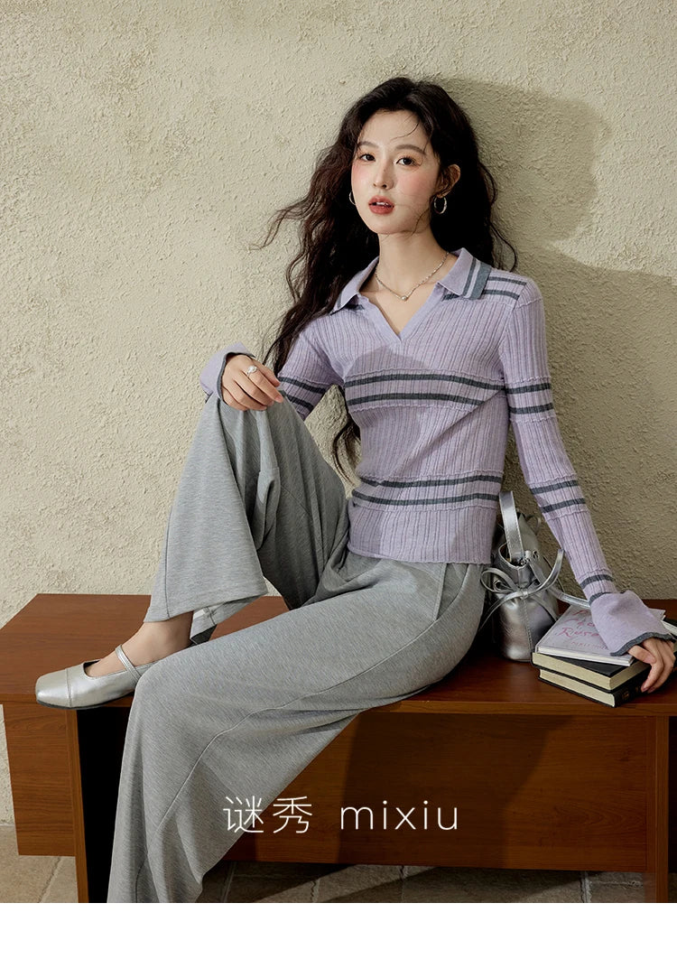 MISHOW Striped Knitted Tops for Women Spring 2025 Contrast Color Striped Slim V-neck Trumpet Sleeves Commuter Outfit MXE13Z1141