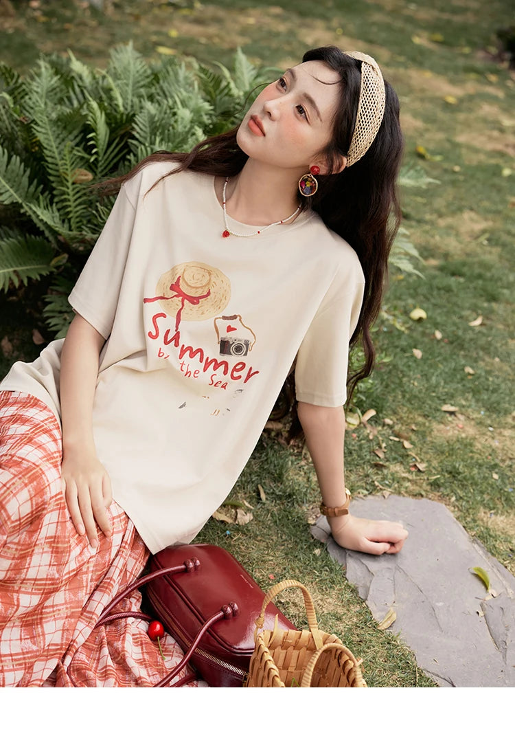 MISHOW Women's Print T-shirt 2025 Summer New Loose Casual T-shirt Ladies Round Neck Short Sleeve Tee Female Clothing MXE34T0559