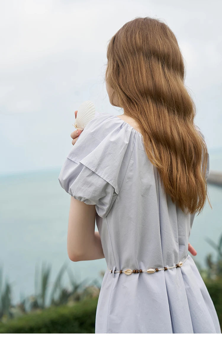 MISHOW 100 Cotton Bohemian Dress 2024 Summer French Elegant Elastic Round Neck Bubble Sleeve Long Dresses with Belt MXD26L1940