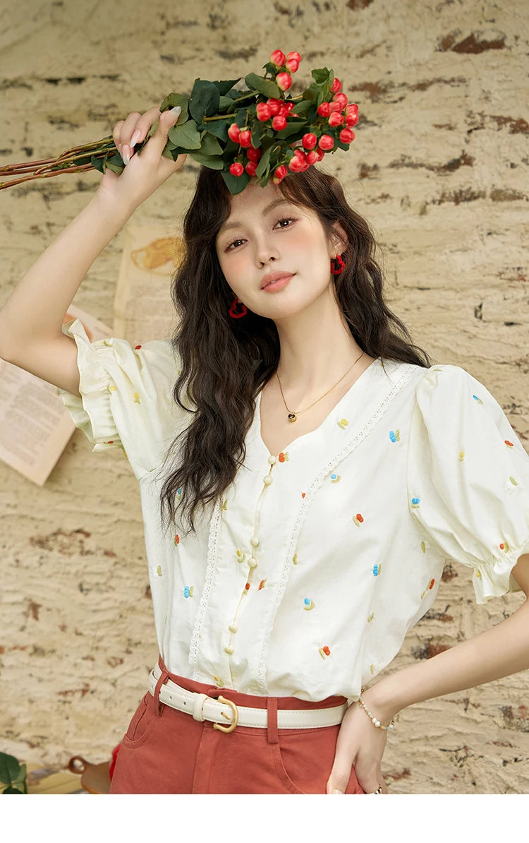 MISHOW 100% Cotton Women's Puff Short Sleeve Shirt 2025 Summer New Square Neck Blouse Embroidered Lace Patchwork Tops MXD22X1420