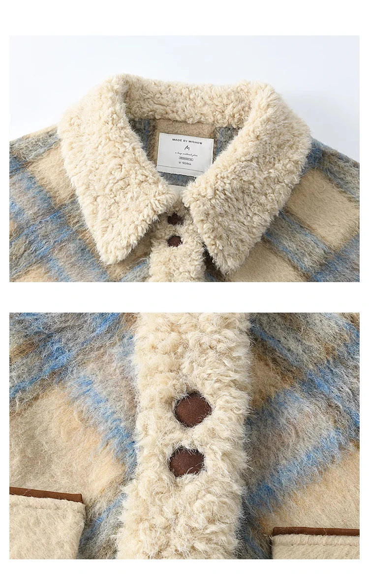 MISHOW Splicing Fleece Short Coat Women 2024 Winter Vintage French Plaid Tweed Thickened Warm Turn Down Collar Jacket MXD55W0574