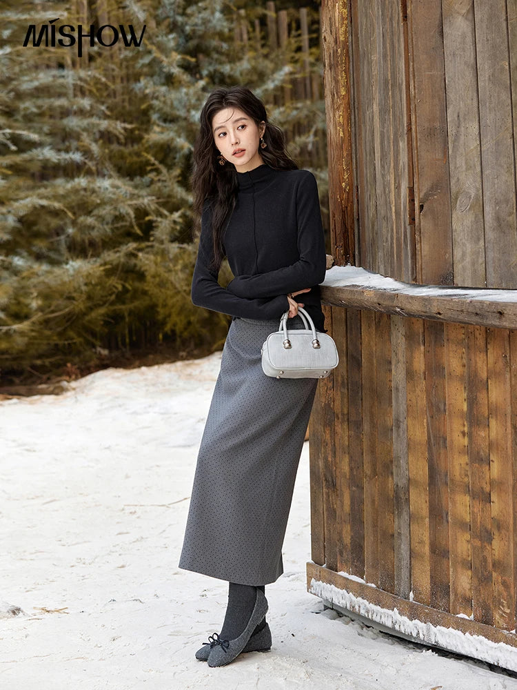 MISHOW High Waist Vintage Wave Point Split Skirts Straight Thickened Warm Zipper Design A-LINE Midi Skirts Versatile MXD58B0630