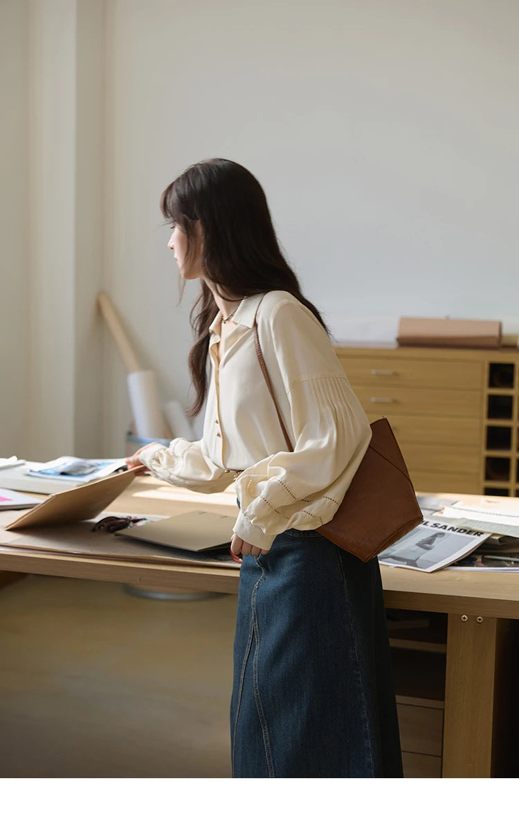 MISHOW Women's Shirt Lantern Sleeve Hollow Out Tops 2025 Autumn Single Breasted Solid Shirts Lapel Shirt Office Lady MXE41C2359