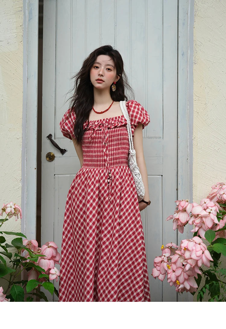 MISHOW Women's Retro Red Plaid Dress 2025 Summer New Square Neck Lace Up Hollow Out Spliced Dresses Women's Clothing MXE39L2324