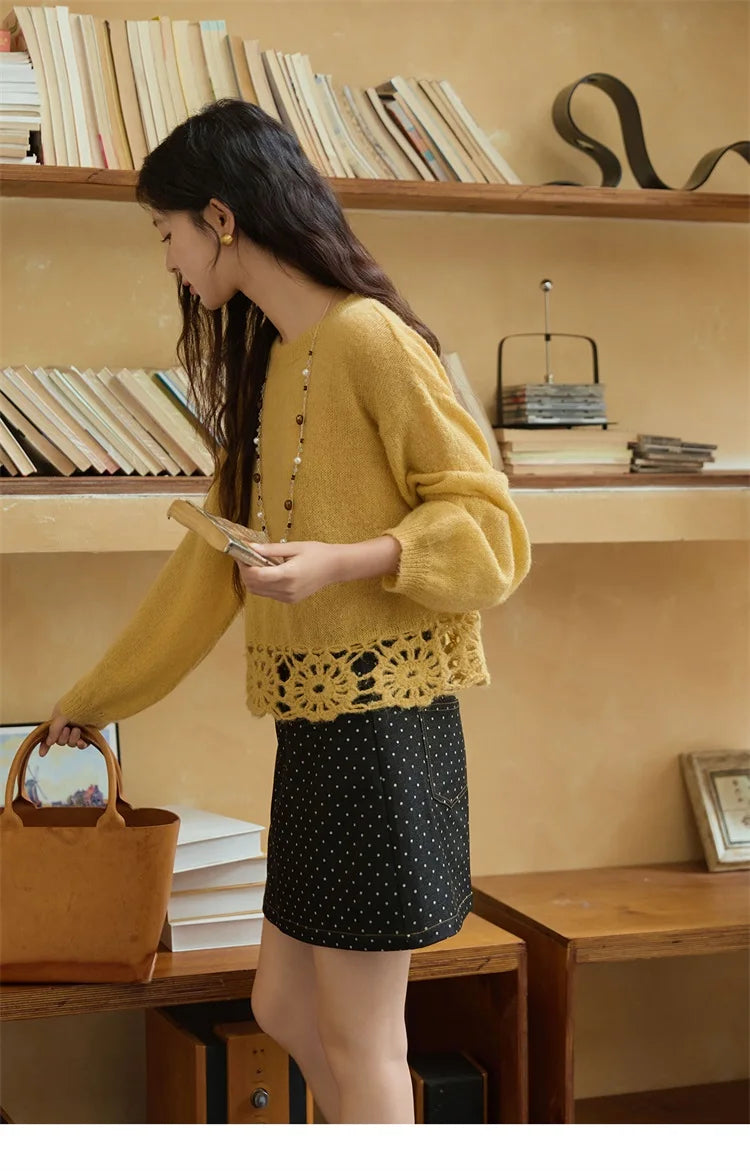 MISHOW Woman Sweaters 2025 Elegant French Hollow Out Floral Sweater Loose O-neck Long Sleeves Knit Top Autumn Clothes MXE44Z2491