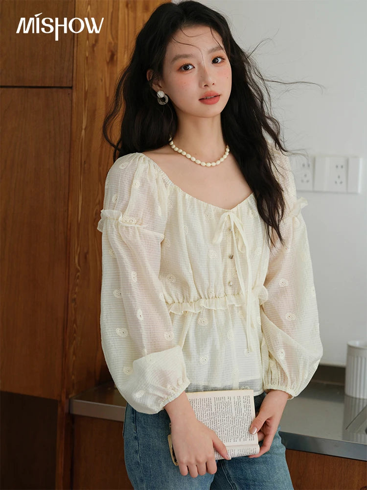 MISHOW Women's Fashion Cashew Flower Embroidered Blouse 2025 Autumn V-neck Lace Up Puff Sleeve Ladies Elegant Top MXE41X1945